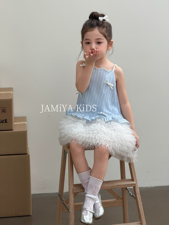 JAMIYA 26 夏生日韓系仙女藍色竪條紋拼接公主裙紗裙洋裝