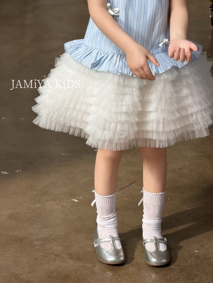 JAMIYA 26 夏生日韓系仙女藍色竪條紋拼接公主裙紗裙洋裝