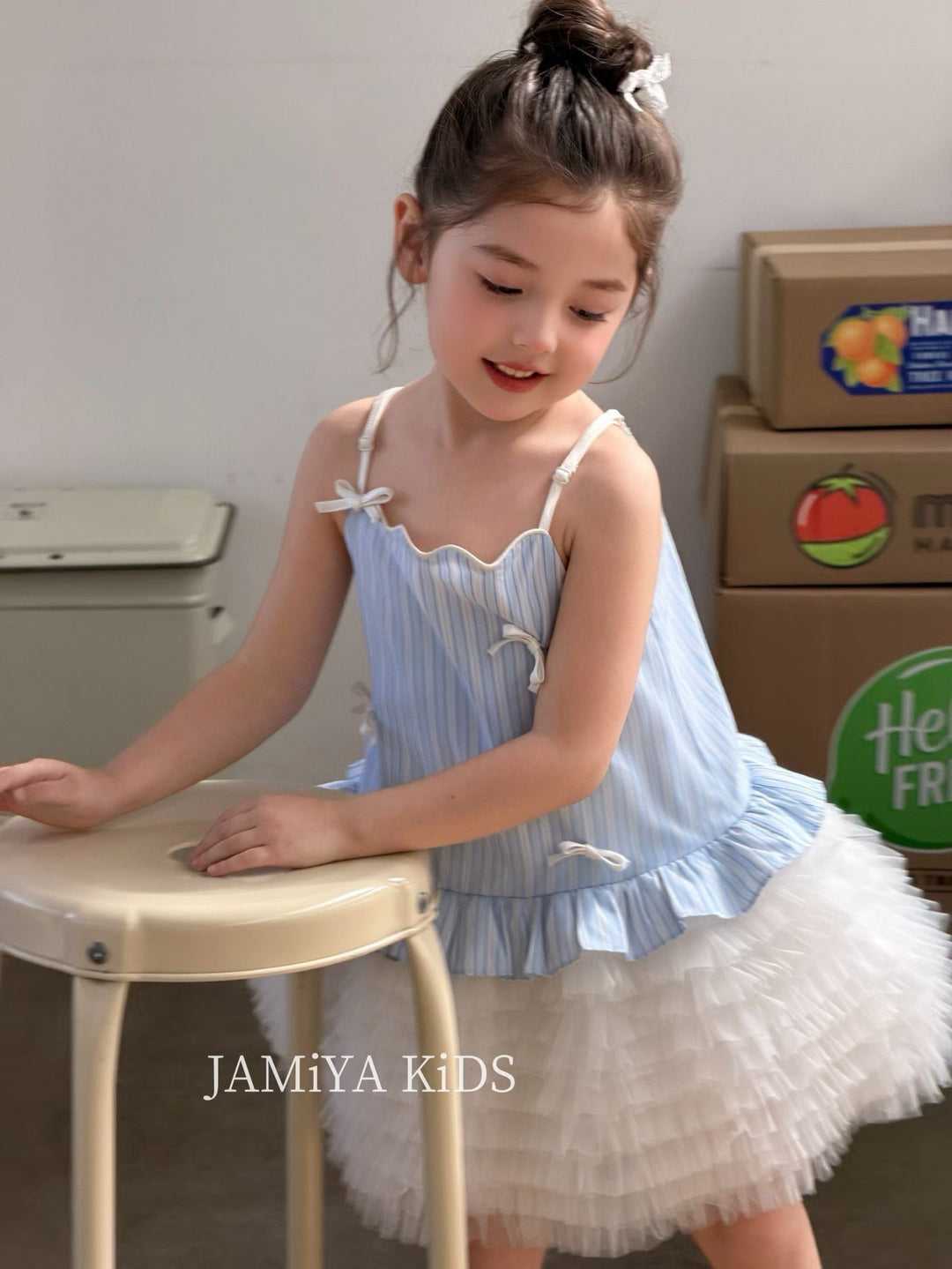 JAMIYA 26 夏生日韓系仙女藍色竪條紋拼接公主裙紗裙洋裝