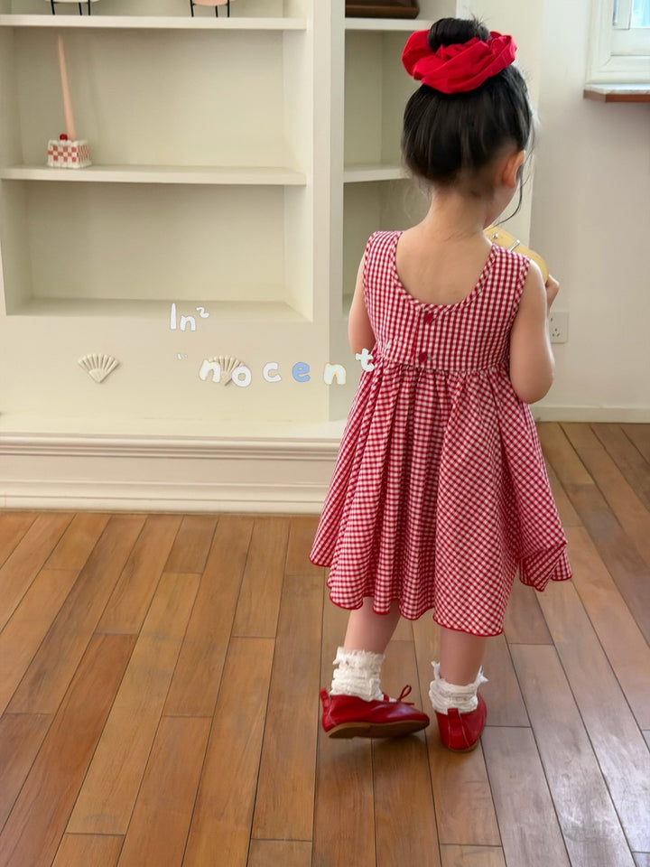 Innocent 映次 韓系清新甜美風女童紅格洋裝 親膚棉質蝴蝶結吊帶連衣裙hello Kitty
