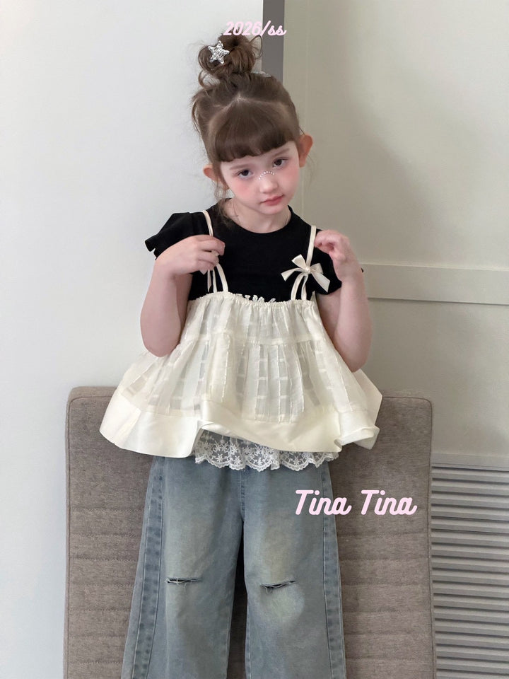 Tina Tina 韓系蝴蝶結女童米白蕾絲下擺吊帶上衣 柔軟親膚法式蓬蓬娃娃衫