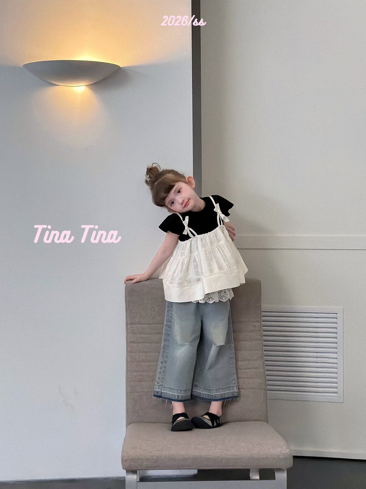 Tina Tina 韓系蝴蝶結女童米白蕾絲下擺吊帶上衣 柔軟親膚法式蓬蓬娃娃衫