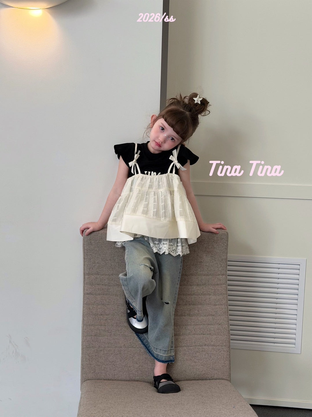 Tina Tina 韓系蝴蝶結女童米白蕾絲下擺吊帶上衣 柔軟親膚法式蓬蓬娃娃衫