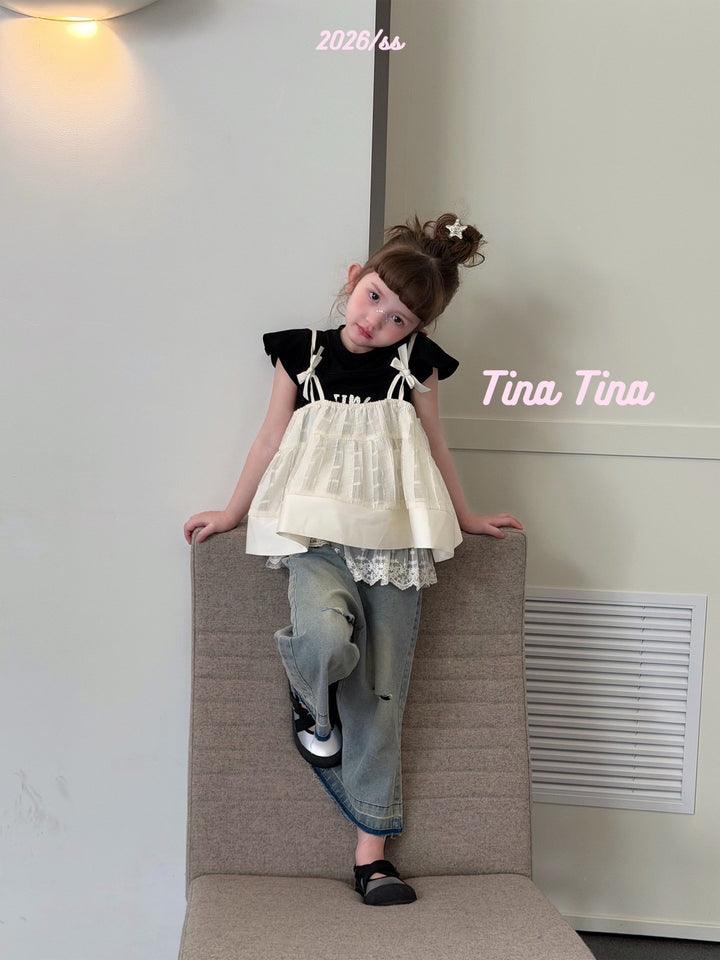 Tina Tina 韓系蝴蝶結女童米白蕾絲下擺吊帶上衣 柔軟親膚法式蓬蓬娃娃衫