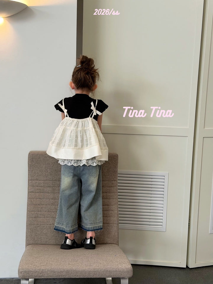 Tina Tina 韓系蝴蝶結女童米白蕾絲下擺吊帶上衣 柔軟親膚法式蓬蓬娃娃衫