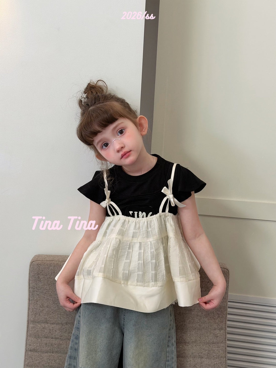 Tina Tina 韓系蝴蝶結女童米白蕾絲下擺吊帶上衣 柔軟親膚法式蓬蓬娃娃衫