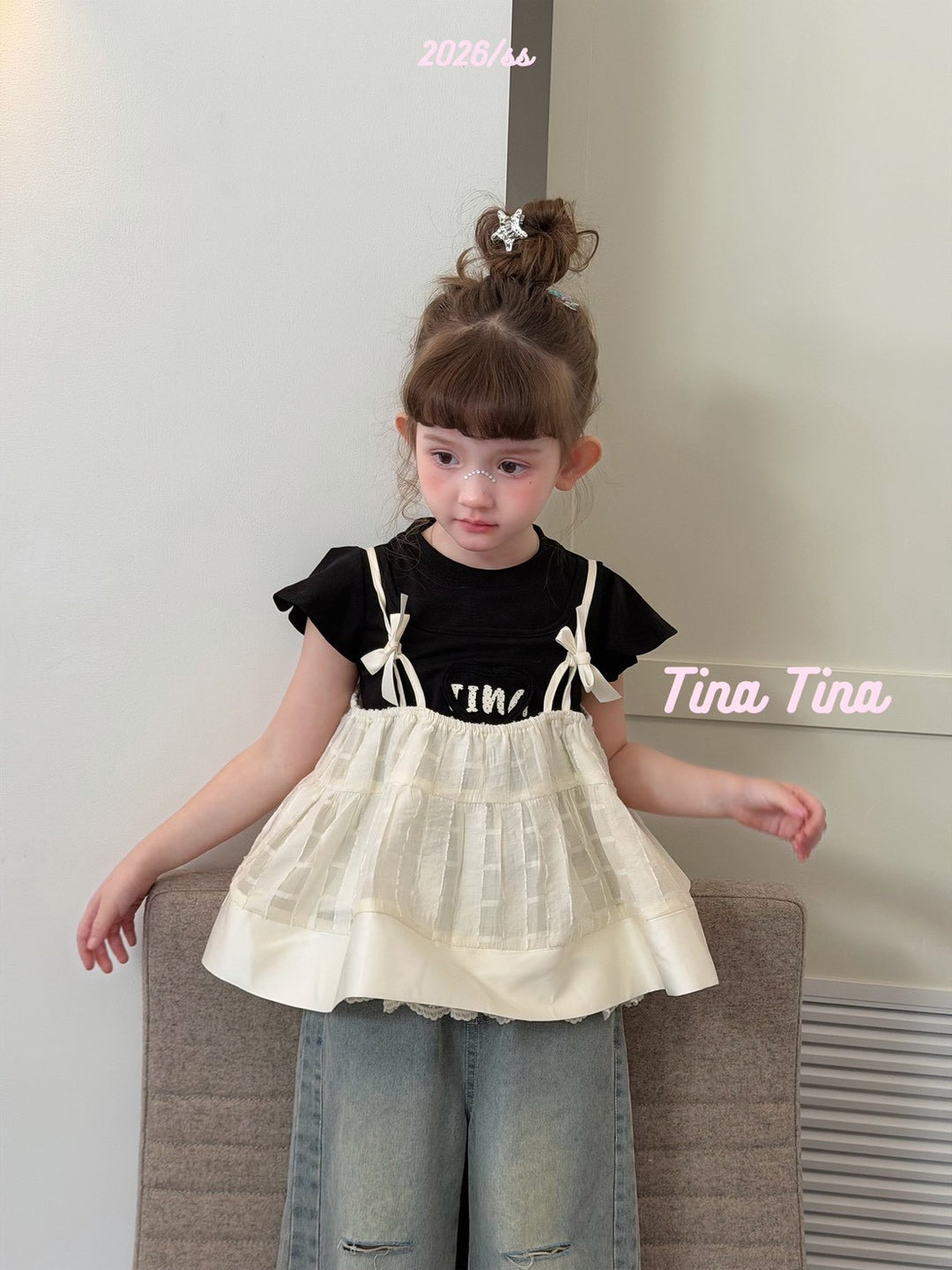 Tina Tina 韓系蝴蝶結女童米白蕾絲下擺吊帶上衣 柔軟親膚法式蓬蓬娃娃衫