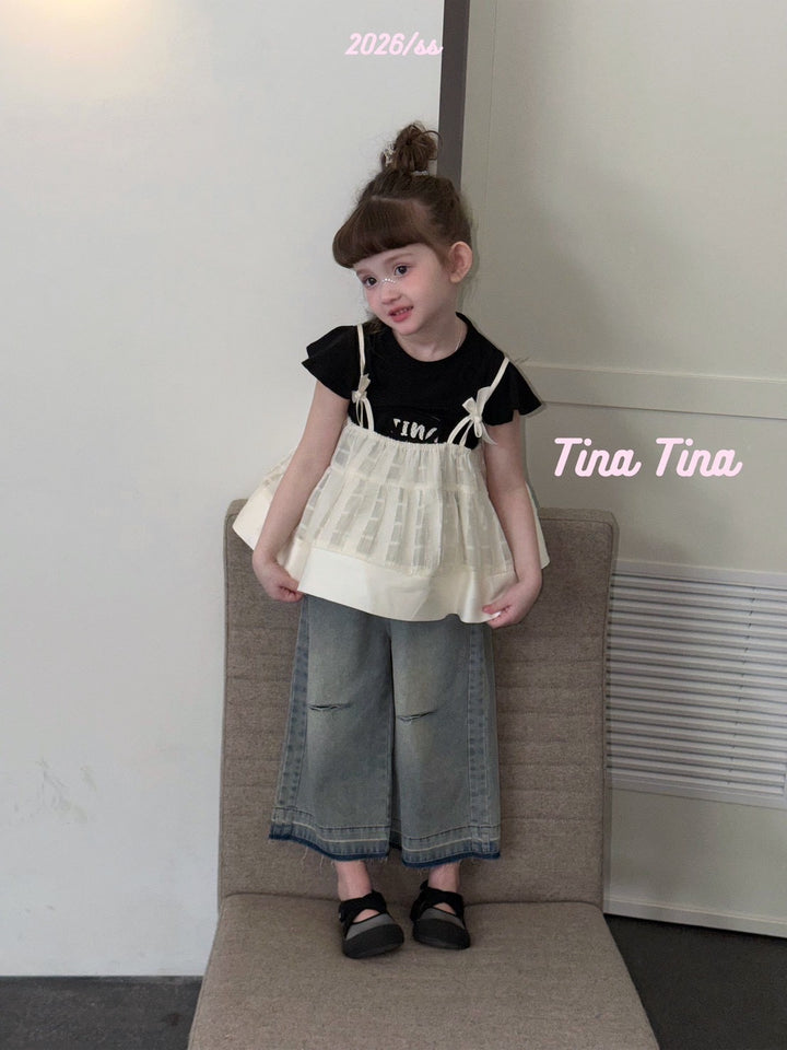 Tina Tina 韓系蝴蝶結女童米白蕾絲下擺吊帶上衣 柔軟親膚法式蓬蓬娃娃衫