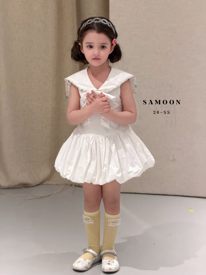 SAMOON叁木 韓系甜美學院海軍領溫柔優雅風女童白洋裝 親膚棉質大翻領無袖連衣裙
