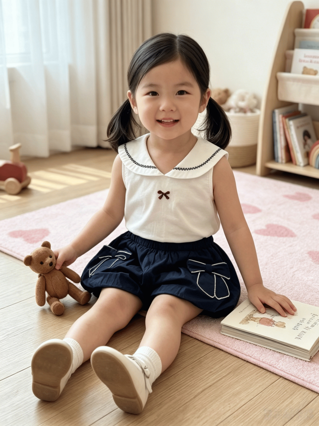 Tina Tina 女童學院風白無袖上衣 海軍領刺繡娃娃衫