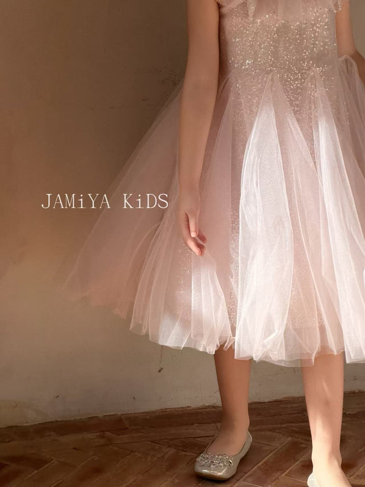 JAMIYA的公主粉色亮片圓領紗裙 仙女洋裝韓系仙女生日裙