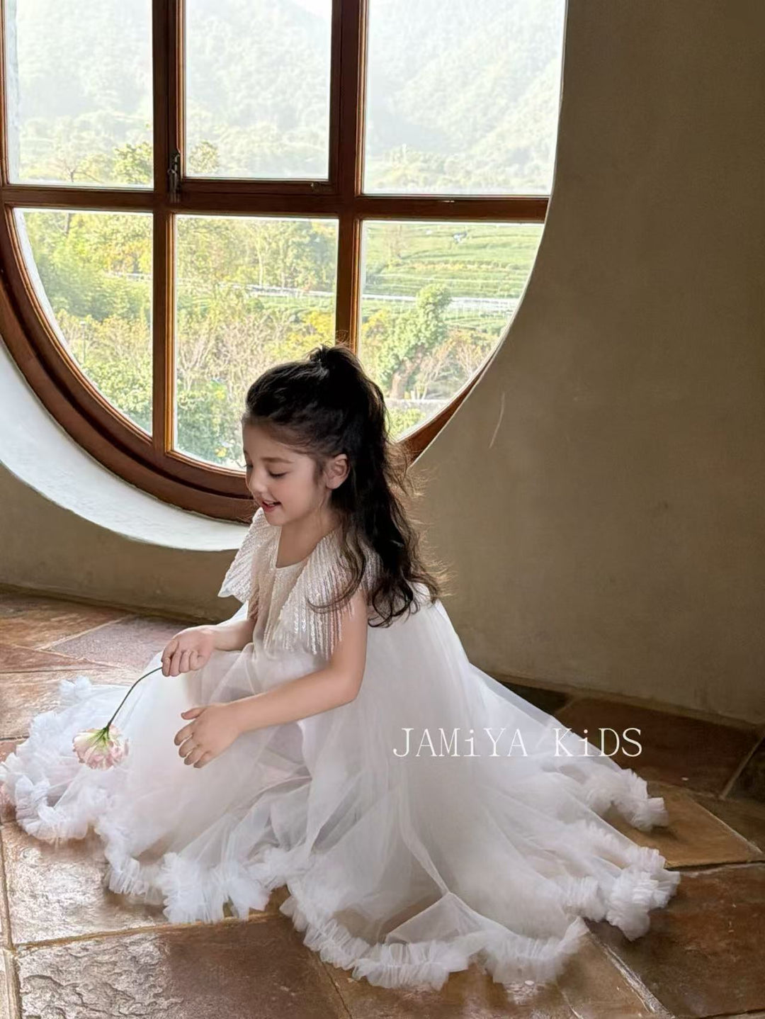 JAMIYA 韓系生日花童仙女紗裙白色流蘇披肩公主裙