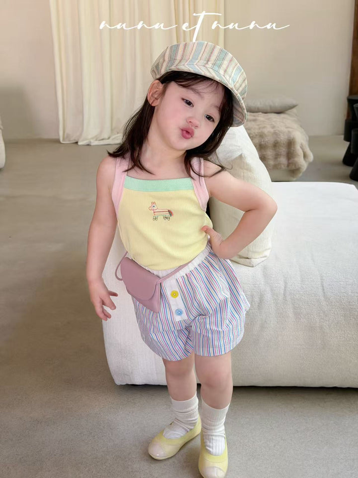 nunu et nunu 韓系時尚童裝 黃色小馬刺繡撞色吊帶 女童夏日背心
