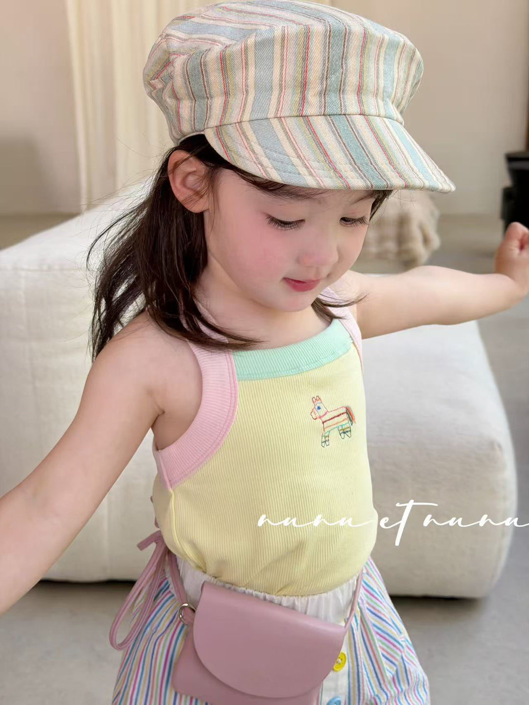 nunu et nunu 韓系時尚童裝 黃色小馬刺繡撞色吊帶 女童夏日背心