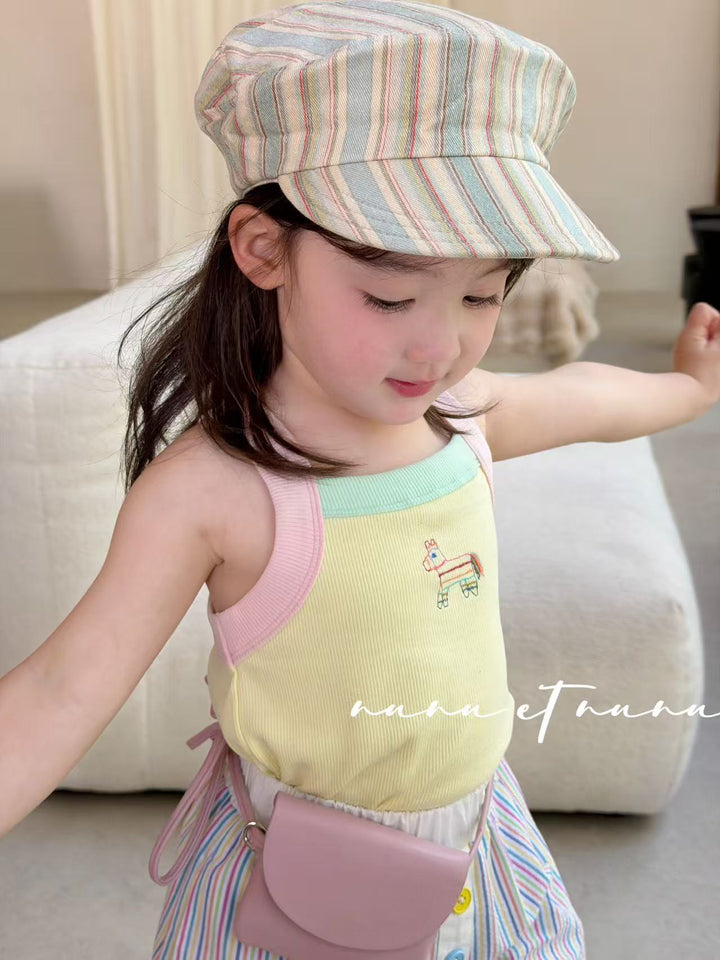 nunu et nunu 韓系時尚童裝 黃色小馬刺繡撞色吊帶 女童夏日背心