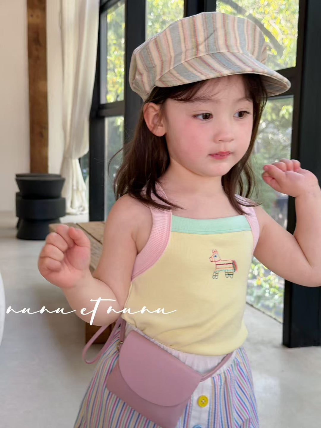 nunu et nunu 韓系時尚童裝 黃色小馬刺繡撞色吊帶 女童夏日背心