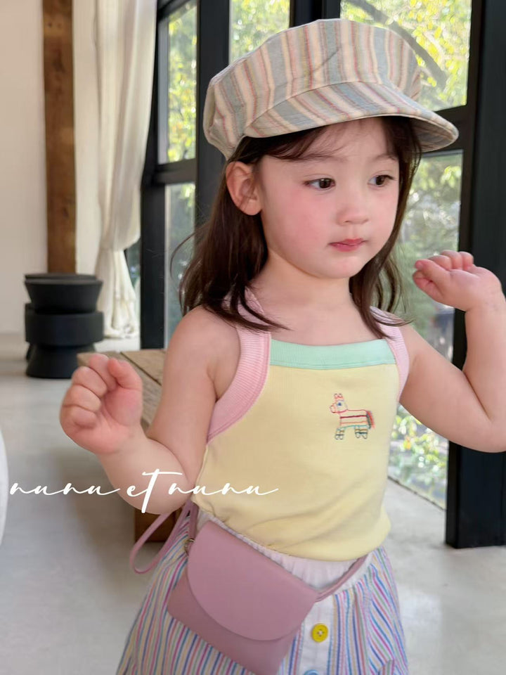 nunu et nunu 韓系時尚童裝 黃色小馬刺繡撞色吊帶 女童夏日背心