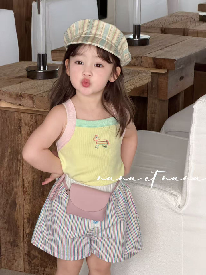 nunu et nunu 韓系時尚童裝 黃色小馬刺繡撞色吊帶 女童夏日背心