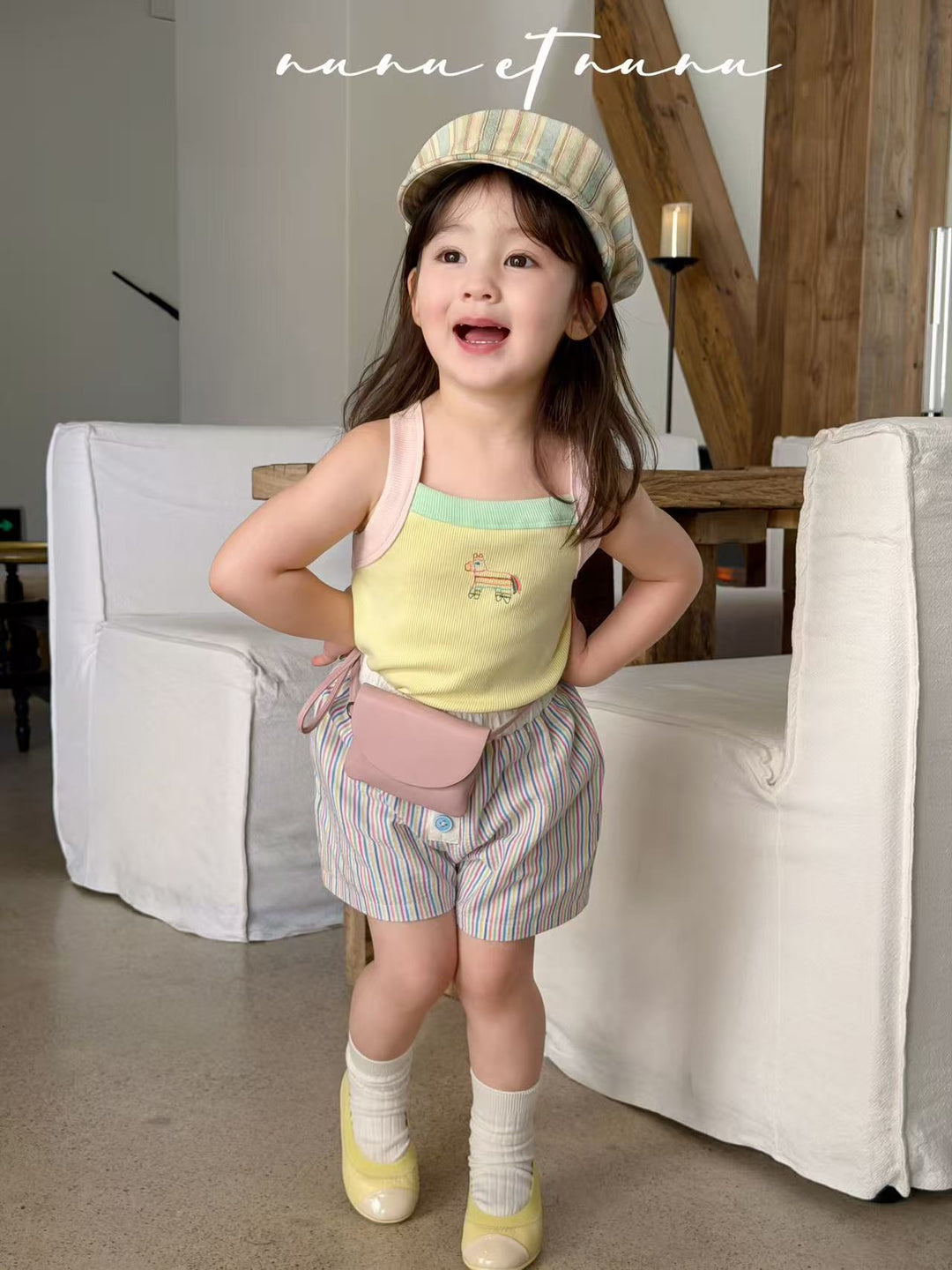 nunu et nunu 韓系時尚童裝 黃色小馬刺繡撞色吊帶 女童夏日背心