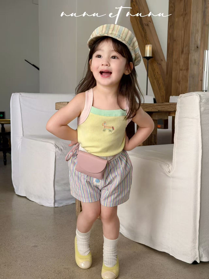 nunu et nunu 韓系時尚童裝 黃色小馬刺繡撞色吊帶 女童夏日背心