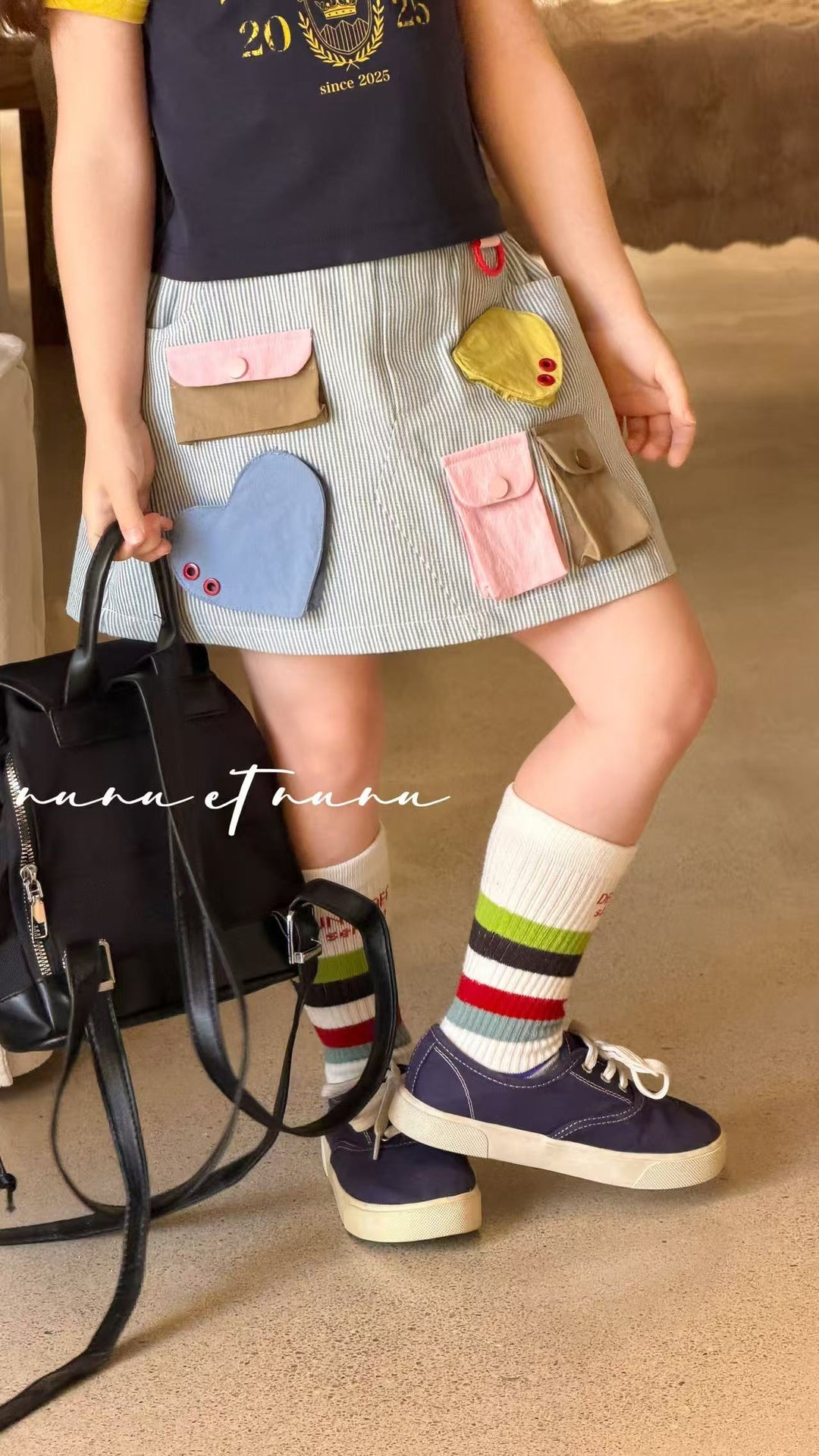 nunu et nunu 時尚韓系甜酷條紋多口袋拼布半裙 女童文藝 A字短裙