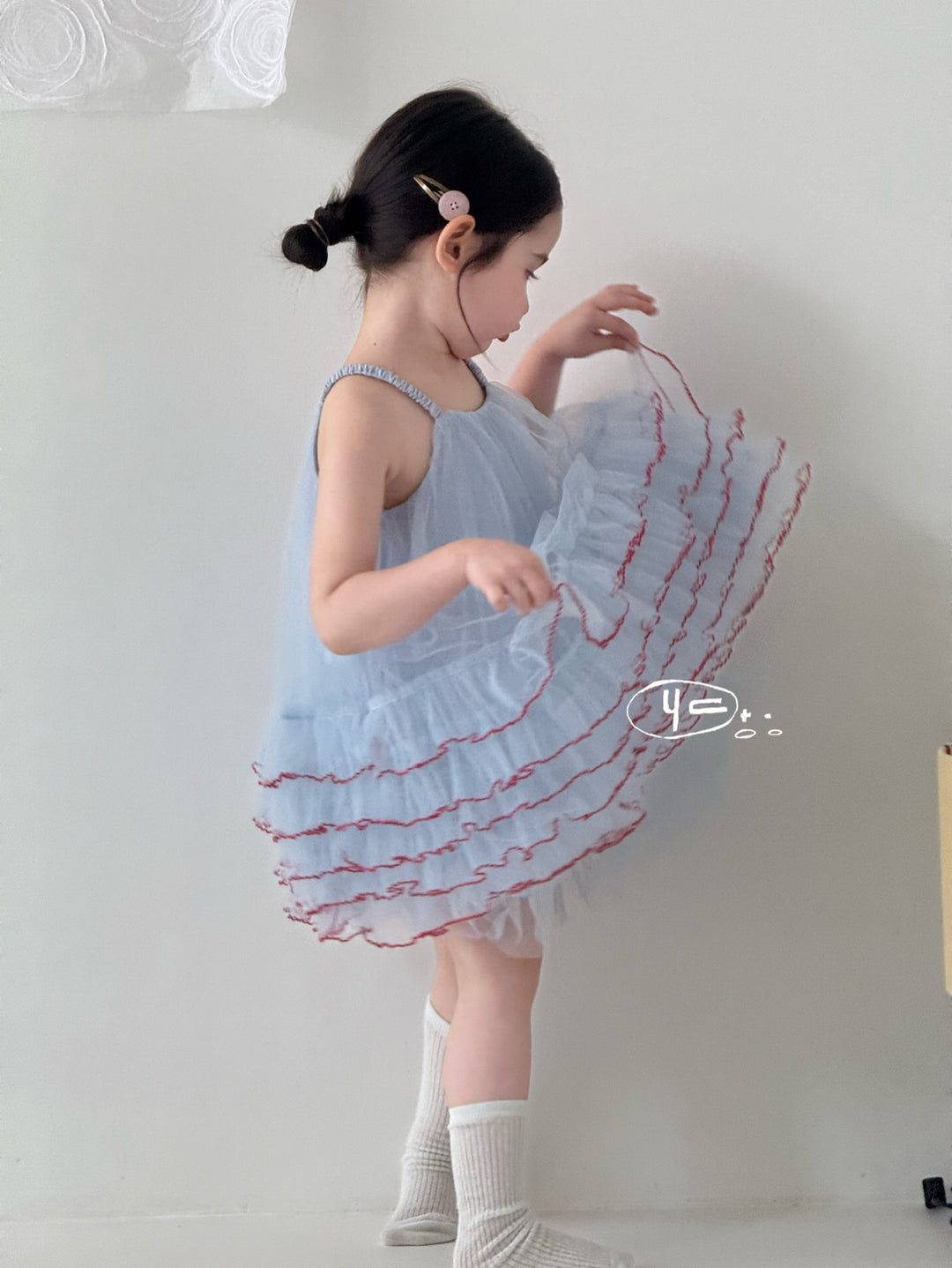 youchu 清新甜妹風藍色吊帶洋裝 女童透氣網紗撞色蓬蓬裙生日公主裙韓系時尚甜妹