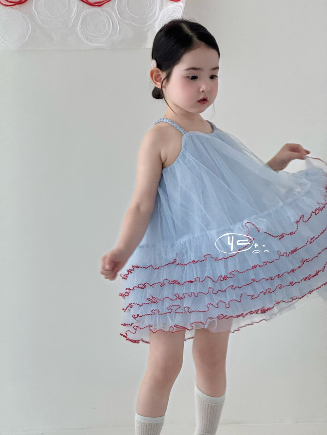 youchu 清新甜妹風藍色吊帶洋裝 女童透氣網紗撞色蓬蓬裙生日公主裙韓系時尚甜妹